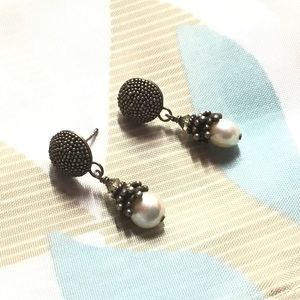 Sterling Silver Caviar Beaded Details Pearl Dangle Earrings 1 1/8” Long